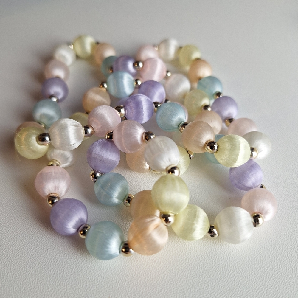 Vintage Pastel Satin Bead Necklace 29" long Goldtone Bead Spacers Easter Spring